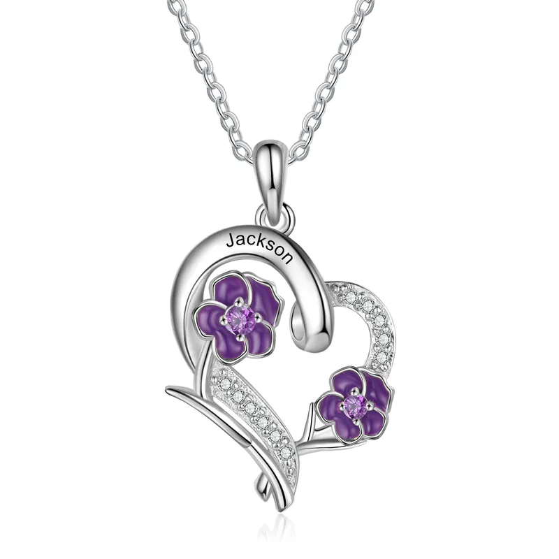 Février-Collier Prénom Personnalisé fleur de naissance avec 2 pierre de naissance Commander Maintenant