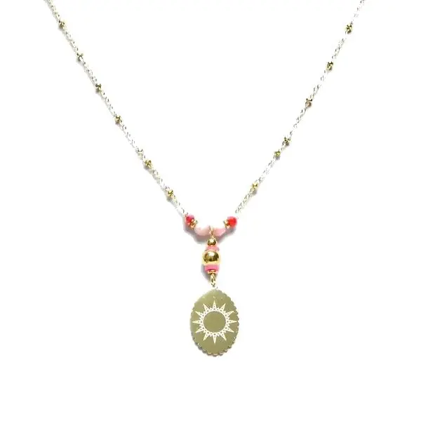 Tendance Collier pour femme - pendentif soleil - acier pierre naturelle - Rhodonite