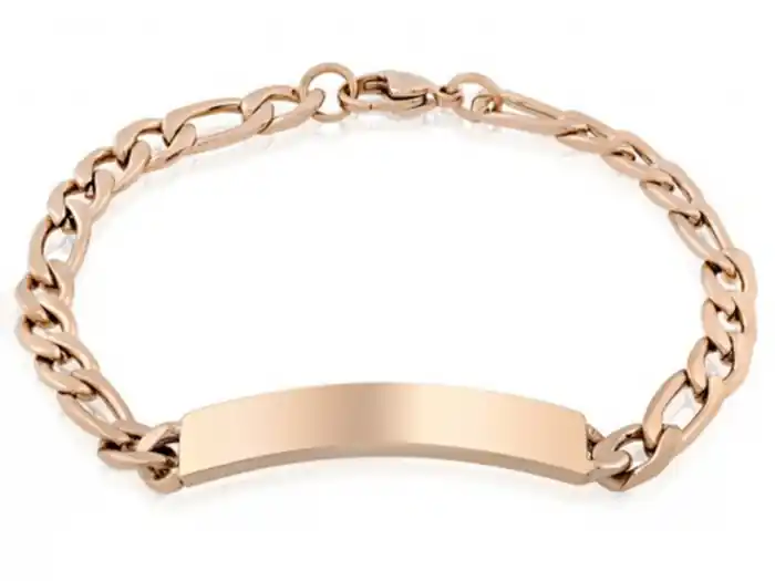 Offre Exclusive Bracelet ARZ Steel identité avec plaque à graver avec la maille de style figaro 7mm en acier inoxydable plaqué rose gold pour homme disponible en cinq tons