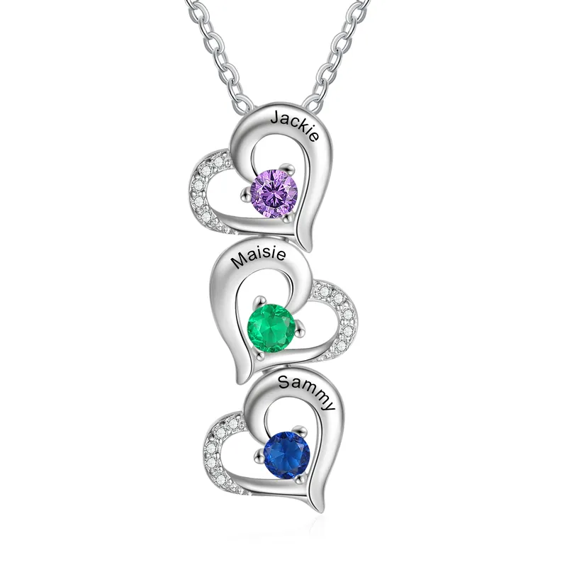 Collier 3 Prénom Personnalisé Pendentif Cœur avec 3 Pierre de Naissance Remise