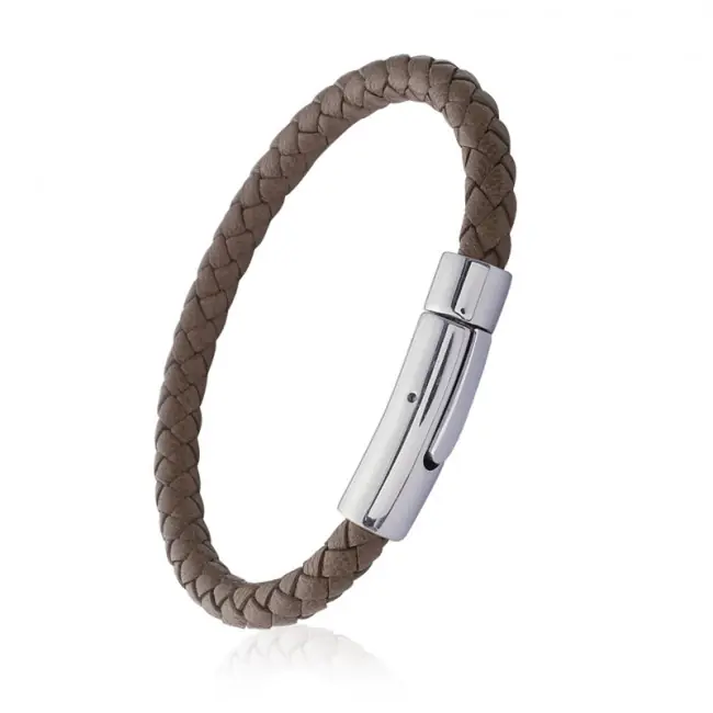Bracelet CUIR MARRON TRESSE ACIER | BIJOUX ACIER POUR HOMME Offre Spéciale