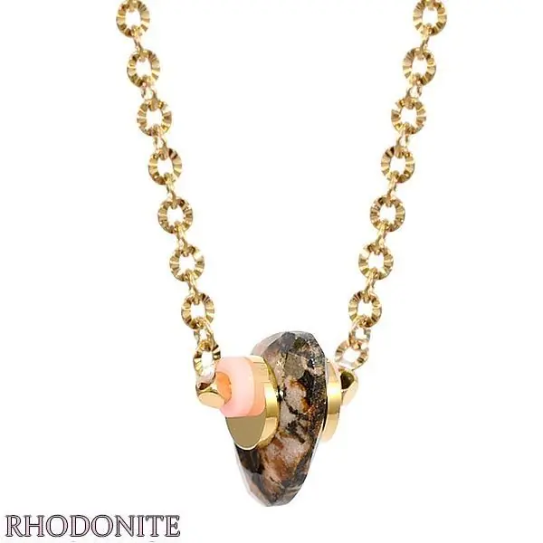 Certifié Collier pour femme - Pierre naturelle & acier - Rhodonite