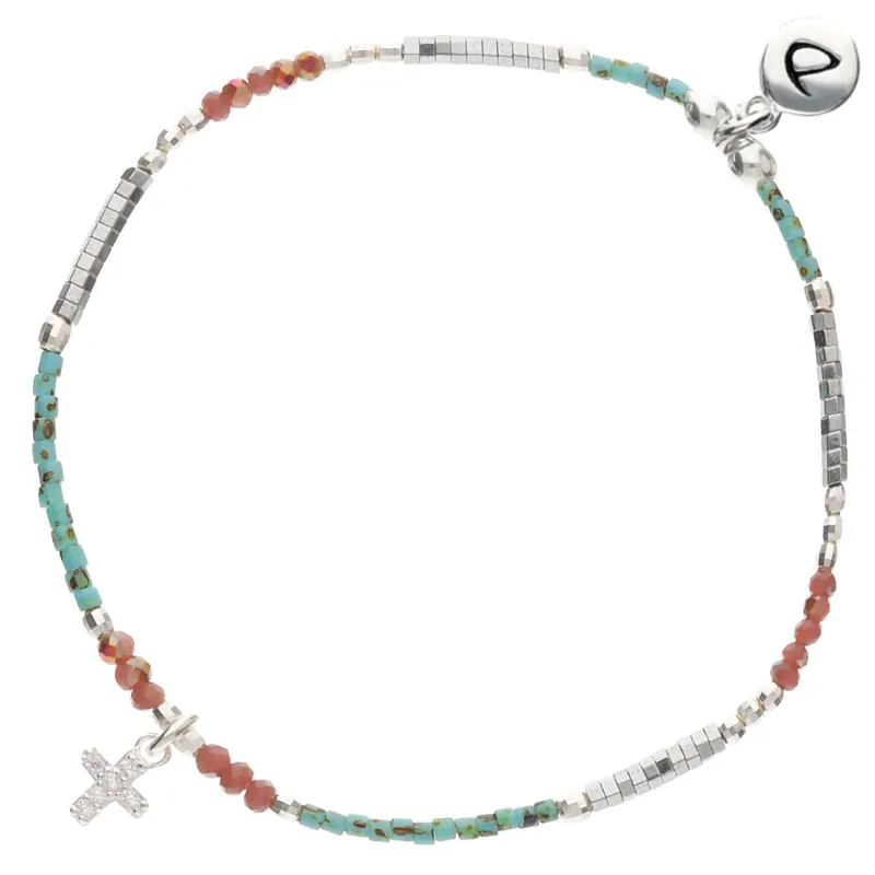 Prix Bas BRACELET ÉLASTIQUE CROIX OXYDE CERISE TURQUOISE HÉMATITE