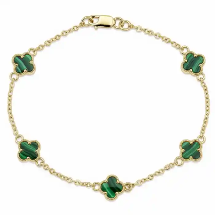 Réduction Espoir – Bracelet petits trèfles 7.0 mm en malachite naturelle et or jaune 10K