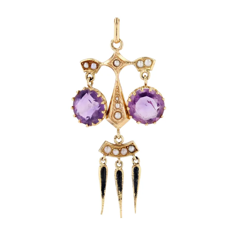 Édition Limitée Pendentif ancien améthystes perles fines émail noir