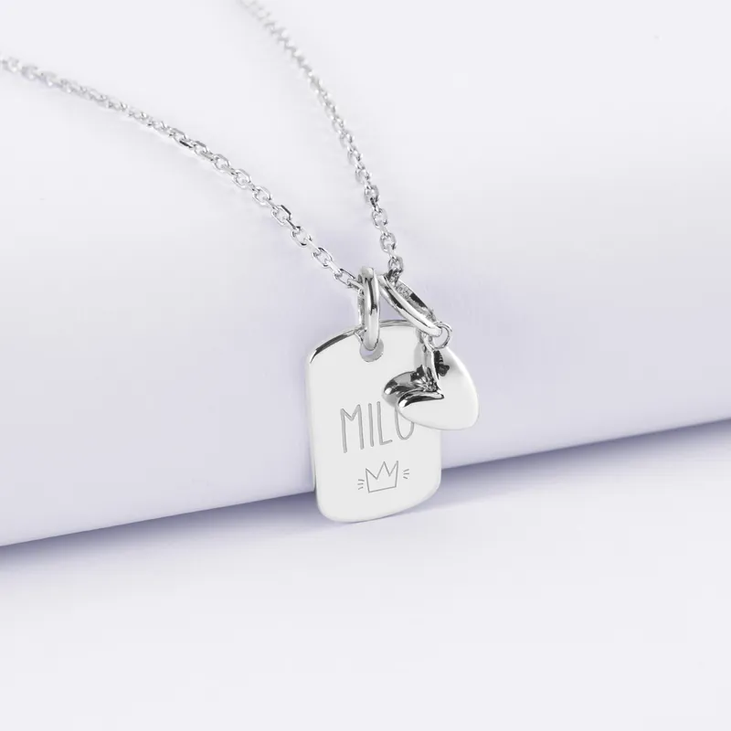 Acheter Direct Pendentif enfant personnalisé médaille gravée argent rectangle 17x11 mm et breloque petit coeur bombé 7 mm - HappyBulle x Atelier Wagram
