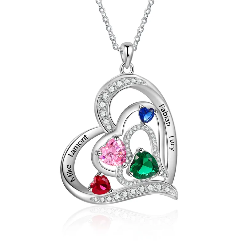 Prix Bas Collier Pendentif Cœur 4 Prénoms Personnalisés avec 4 Pierres de Naissance Collier Femmes