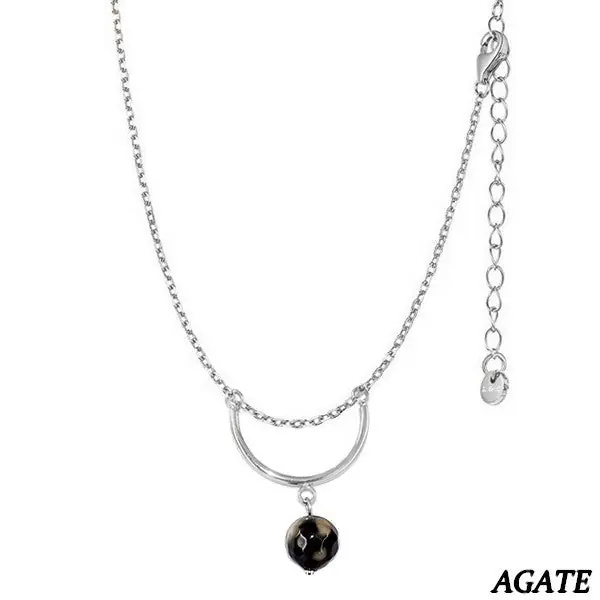 Collier pour femme acier & pierre - Agate - Demi cercle argenté Vente Flash