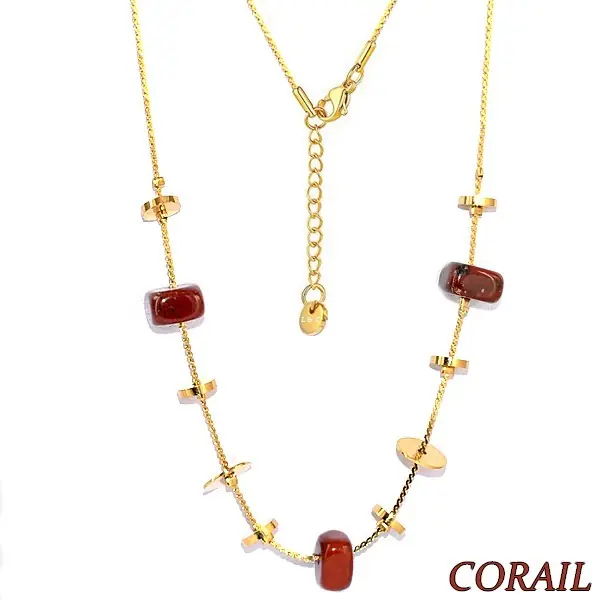 Nouvel Arrivage Collier pour femme acier & pierre - Corail - Disques doré