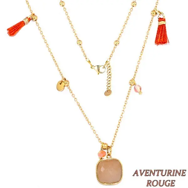 Populaire Collier pour femme acier & pierre - Aventurine rouge - Perles & pompons