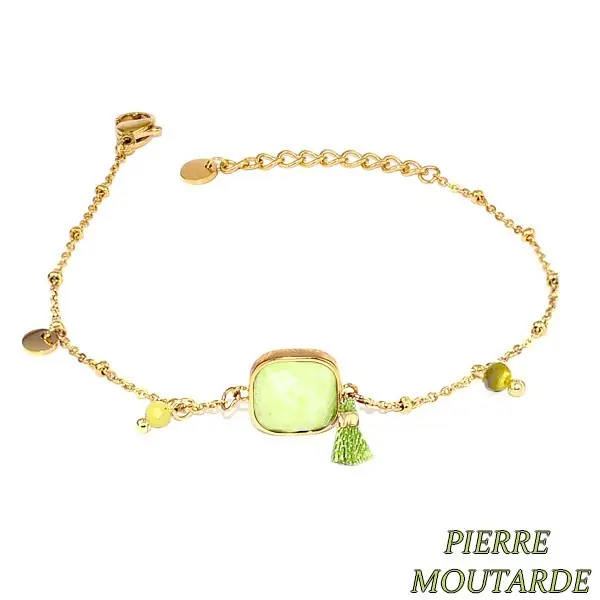Bracelet pour femme acier & pierre - Pierre moutarde - Perles & pompon Dernière Chance