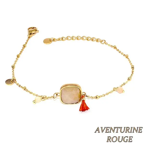 Bracelet pour femme acier & pierre - Aventurine rouge - Perles & pompon Acheter Direct