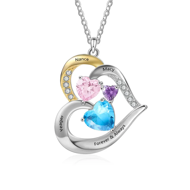 Artisanat Collier Cœur 3 Prénoms et 1 Texte Personnalisés avec 3 Pierres de naissance