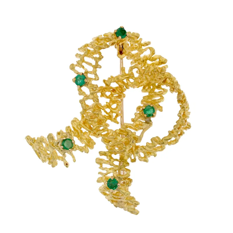 Vente Flash Broche noeud émeraudes or jaune rétro