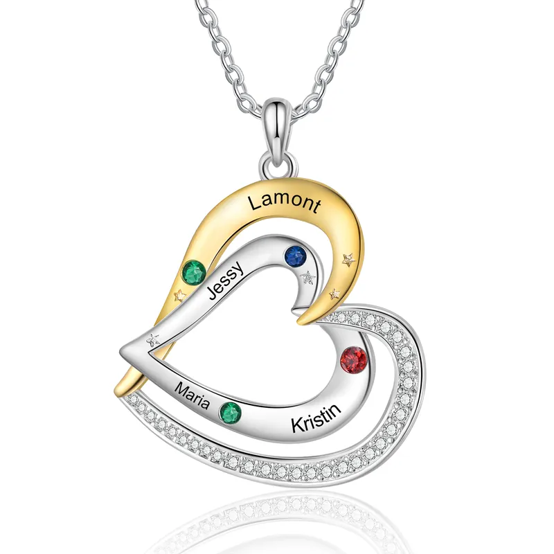 Soldes Collier Pendentif Cœur 4 Prénoms Personnalisés avec Pierre de Naissance Collier Femmes