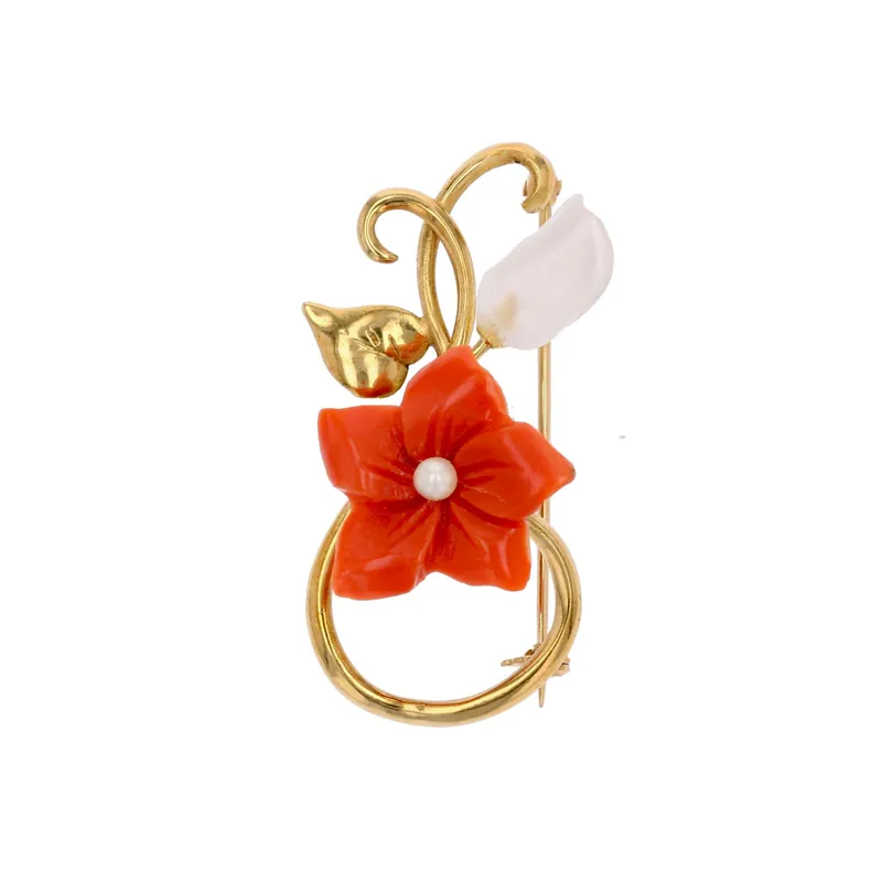 Broche or jaune corail perle et cristal de roche Vente Flash