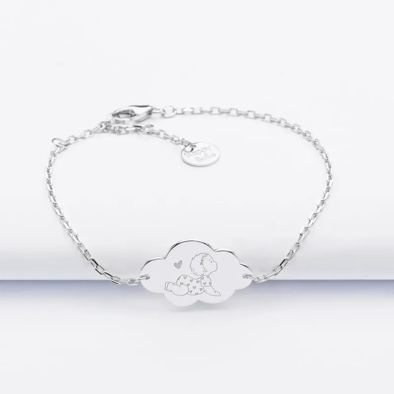 Vente Flash Bracelet chaîne enfant personnalisé illustration bébé médaille gravée argent nuage 2 trous 20x14 mm - HappyBulle x Marie Savart