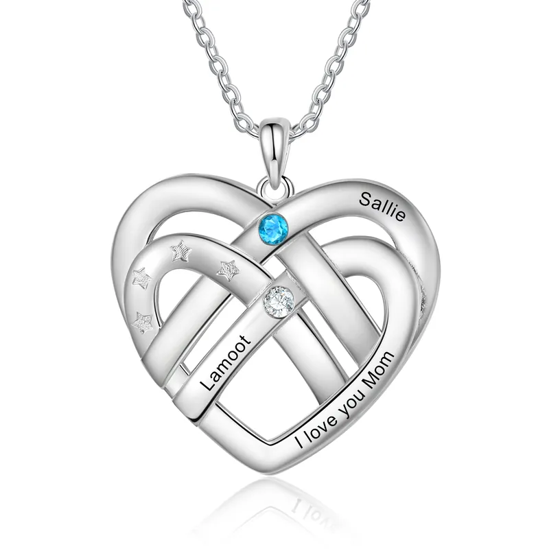 Petit Prix Collier Pendentif Cœur 2 Prénoms et 1 Texte Personnalisés avec 2 Pierres de Naissance Collier Femmes