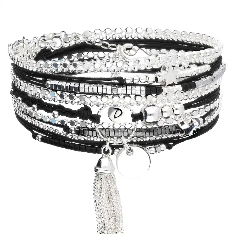BRACELET POMPON PASTILLE ANNEAU DIAMANTE TRIPLE TOURS NOIR Argent 925 Gravable Certifié
