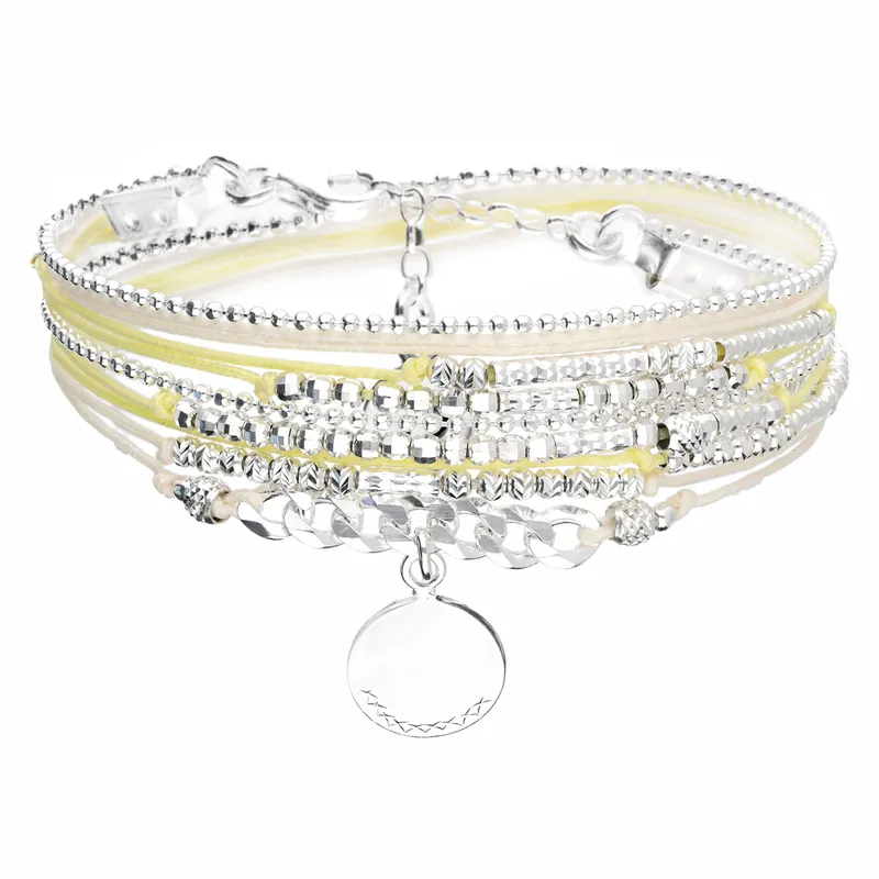 BRACELET PASTILLE MARTELÉE DOUBLE TOURS JAUNE Argent 925 Gravable Seulement Aujourd’hui