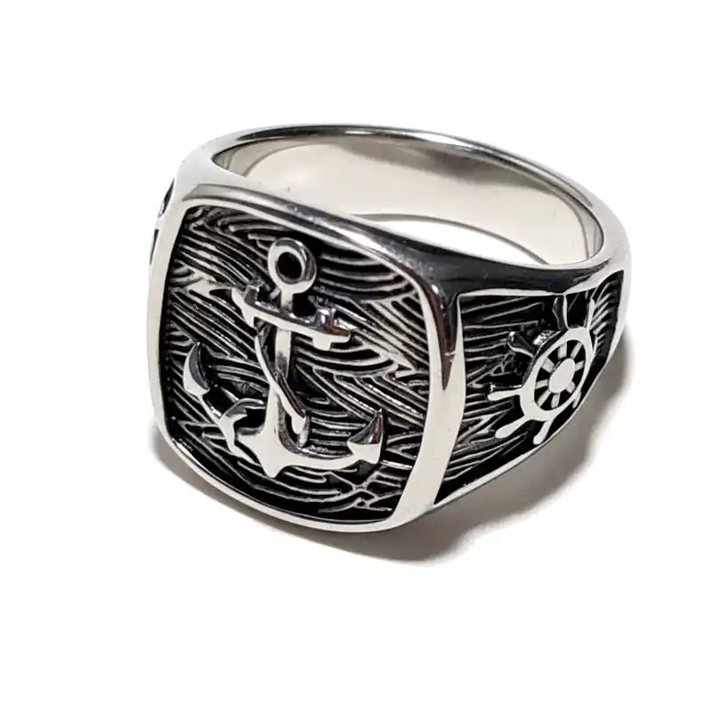 Bague chevalière acier inoxydable ancre de marine Marque