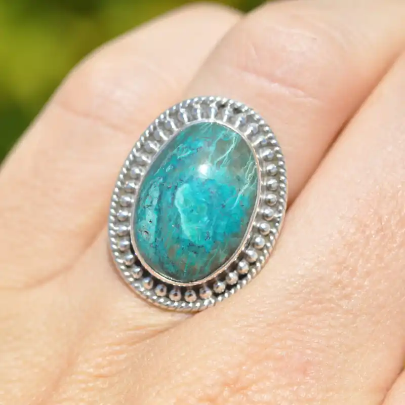 Usine Directe Bague ovale argent cisele et pierre Chrysocolle (bleu) T51