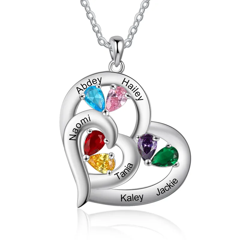 Collier 6 Prénom Personnalisé Pendentif Cœur avec 6 Pierre de Naissance Expédition Rapide
