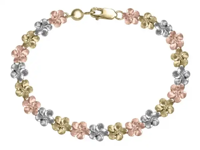 Expédition Rapide Bracelet Hibiscus fleurs pétales arrondies avec coupe à diamant en 10k 3 tons pour femme