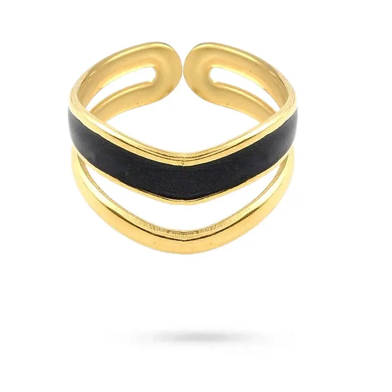 Bague acier inoxydable dorée double rang émail noir Nouvel Arrivage