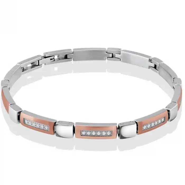 Bracelet Bicromatico rectangles pavé de cz satiné et poli en acier inoxydable deux tons pour femme Expédition Rapide