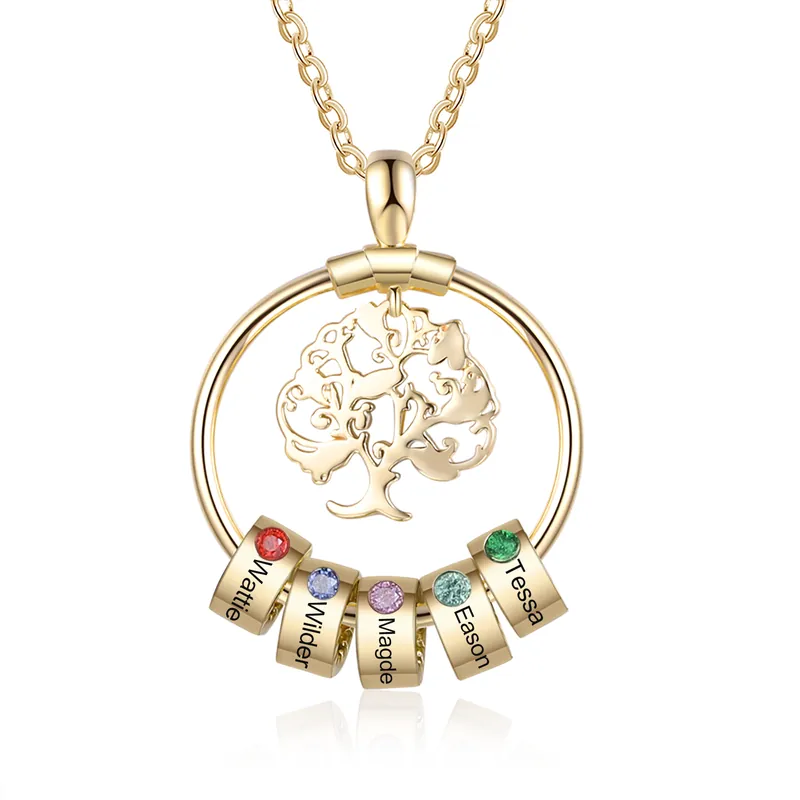Acheter En Ligne Collier Pendentif Arbre de vie Arbre généalogique 5 Cercles Avec Pierre De Naissance