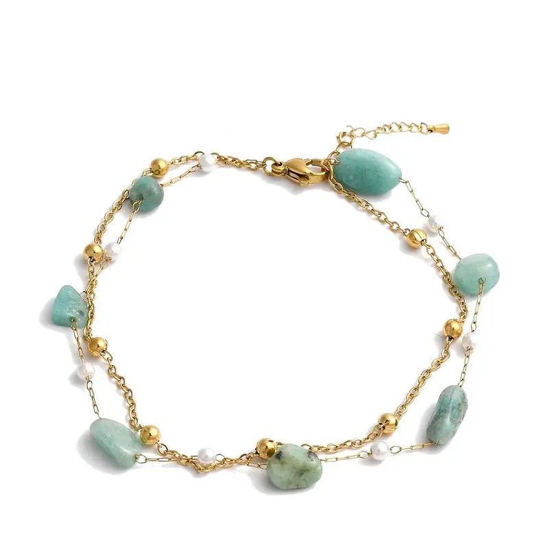 Prix Promo Chaîne de cheville en acier inoxydable double rangs pierres naturelles amazonite