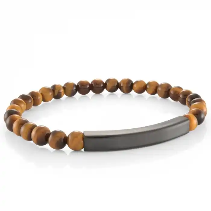 Bracelet Solan perles en oeil de tigre 6mm et plaque gravable en acier inoxydable anthracite pour homme Commande En Gros