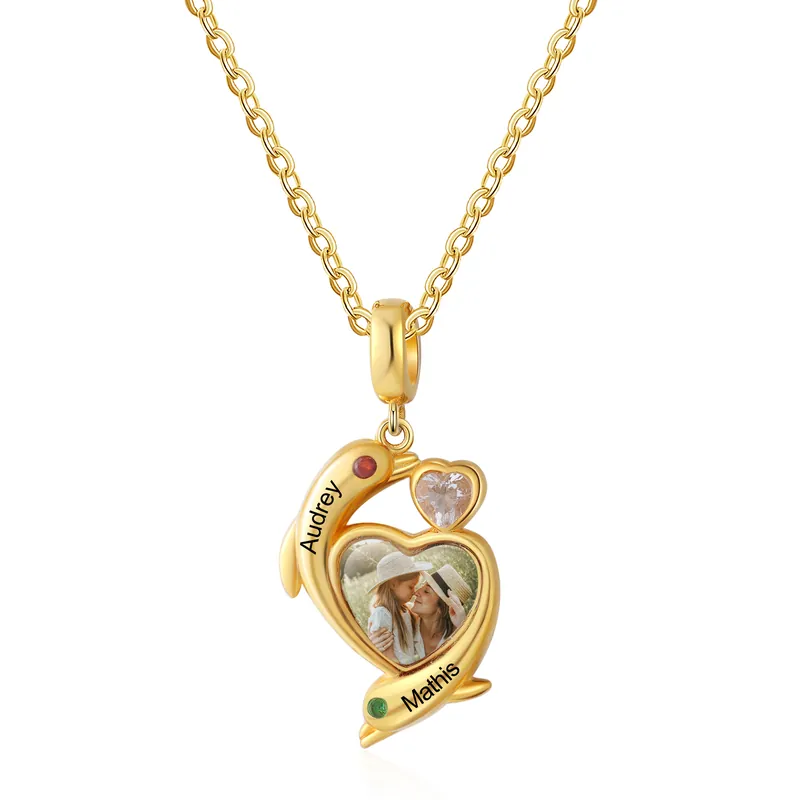 Collier dauphin 2 Prénoms Personnalisés avec 2 pierres de naissance et photo Top Vente