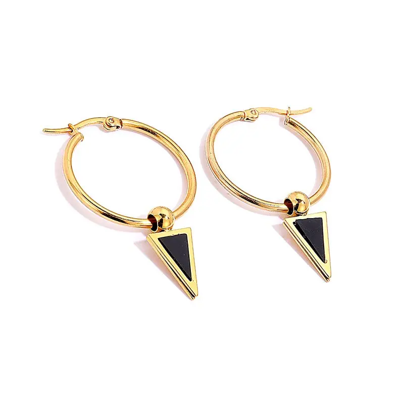 Réduction Boucles d'oreilles femme en acier inoxydable doré 18k Créole avec triangle noir