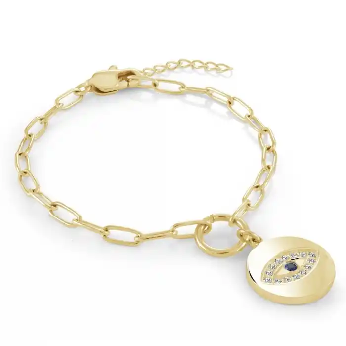 Bracelet Veille Dorée breloque médaille oeil protecteur serti de zircons blancs et bleus en acier inoxydable doré Meilleure Qualité