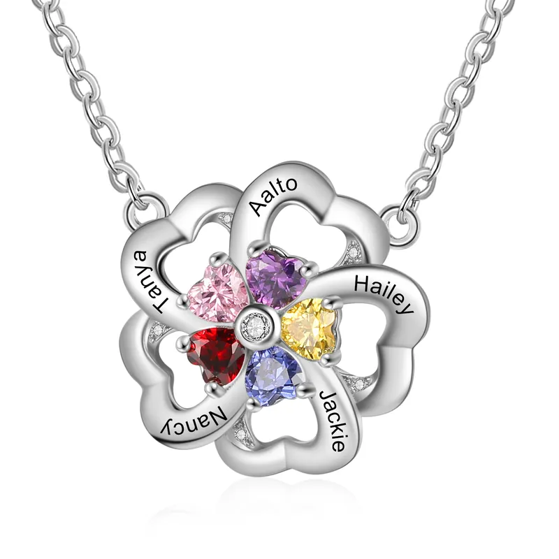 Collier 5 Prénom Personnalisé Pendentif Cœur avec 5 Pierre de Naissance Vente Flash
