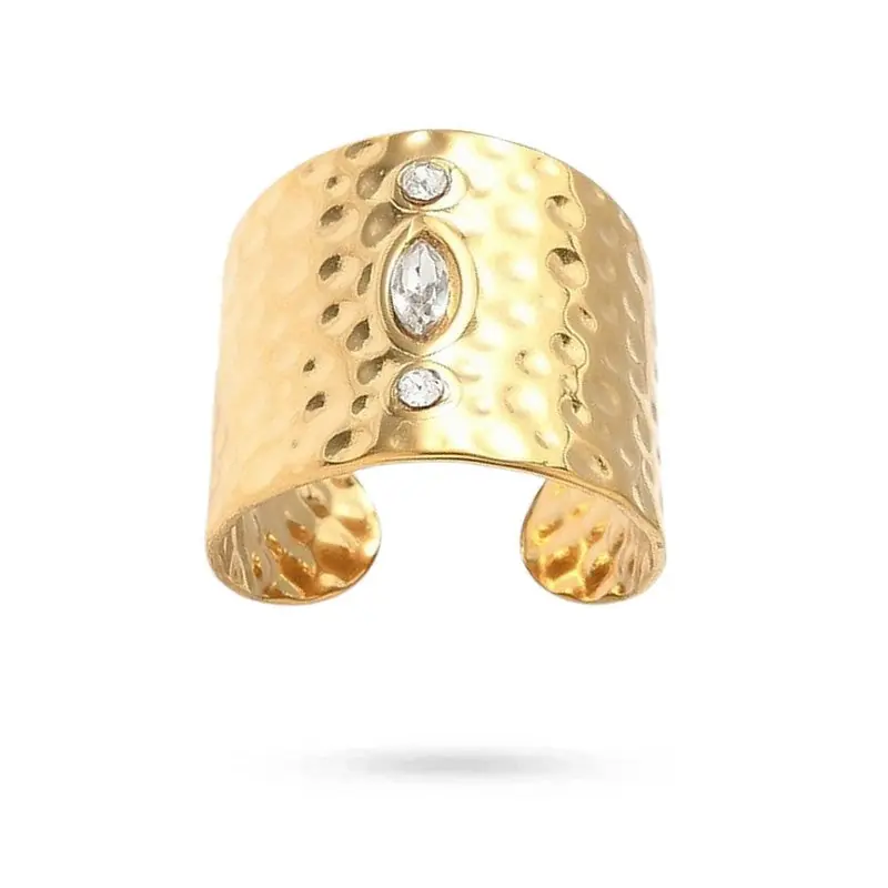 Bague acier inoxydable dorée 3 oxydes blancs Satisfait Ou Remboursé