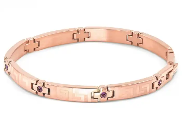 Bracelet Zafira motif clé grecque versace et zircons améthyste mauve en acier inoxydable rose gold Retour Gratuit