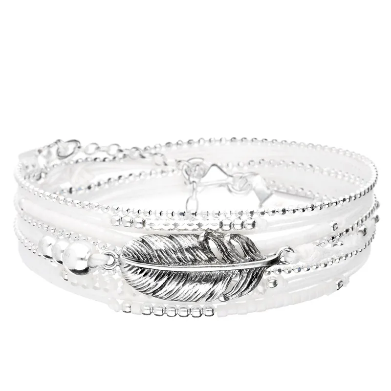 Achat Immédiat BRACELET PLUME BOHÈME TRIPLE RANGS BLANC