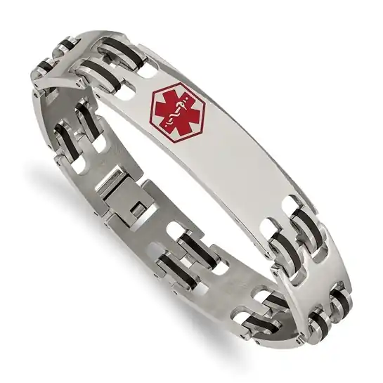 En Vogue Bracelet médical insigne émail rouge et caoutchouc noir en acier inoxydable pour homme