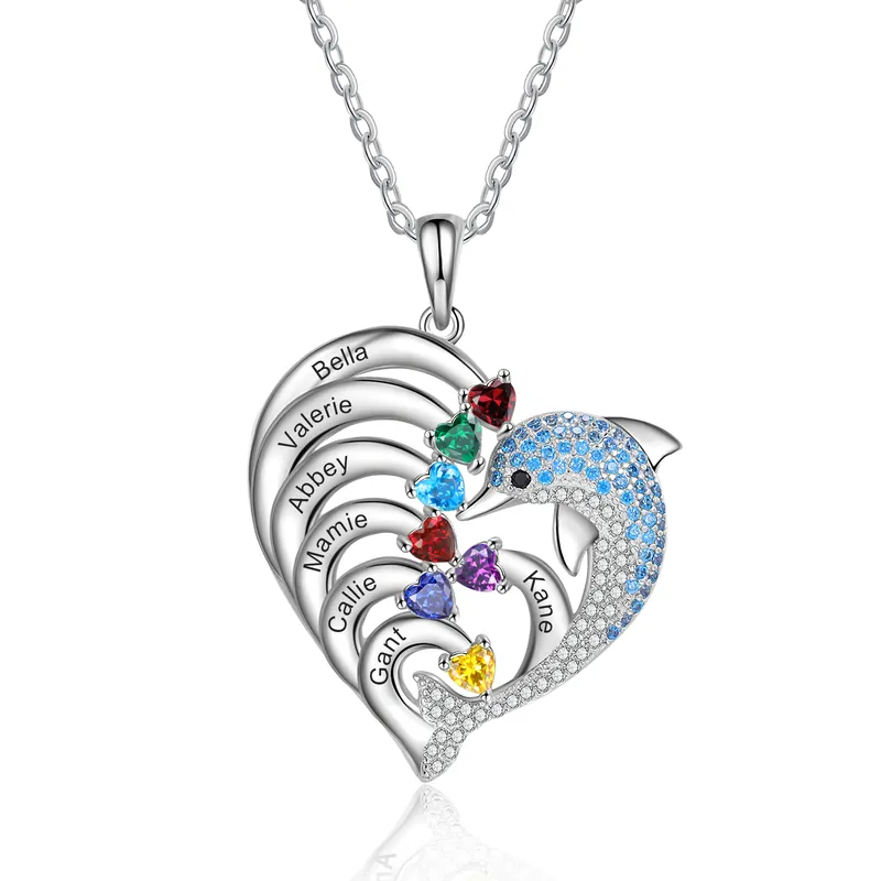 Super Prix Collier coeur et dauphin 7 Prénoms Personnalisés avec 7 Pierre de Naissance