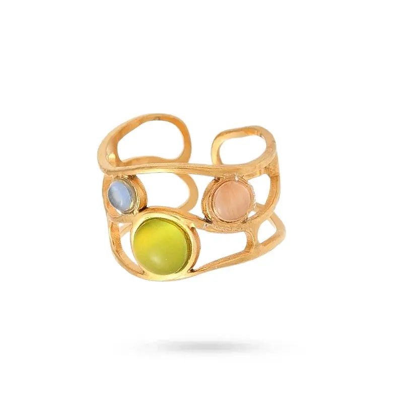 Bague acier inoxydable dorée 3 pierres colorées Nouveauté