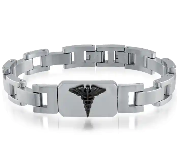 Bracelet médical moderne avec plaque réversible sigle noir en acier inoxydable pour homme Prix Promo