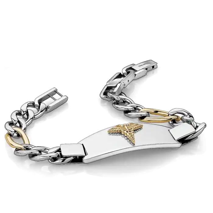 Bracelet médical figaro 9.5mm en acier inoxydable deux tons sigle doré pour homme Retour Gratuit