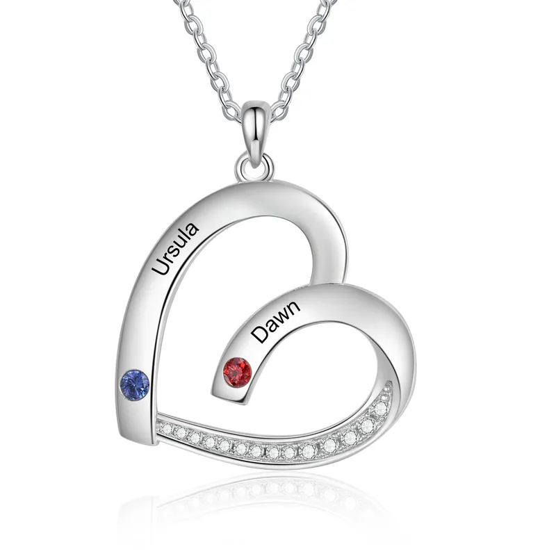 Collier Pendentif Cœur 2 Prénoms Personnalisés avec Pierre de naissance pour Femmes Expédié Aujourd’hui