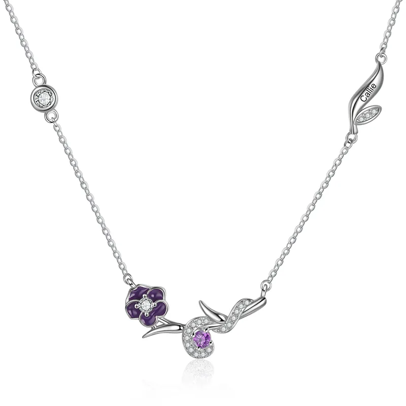 Marque Février-Collier prénom personnalisé avec pierre de naissance fleur de naissance