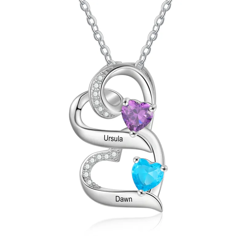 Collier Pendentif Cœur 2 Prénoms Personnalisés avec Pierre de naissance pour Femmes Prix Choc