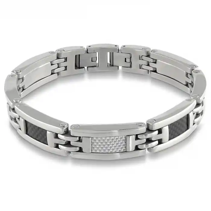 Affaire À Saisir Bracelet Édition Carbone rectangles polis insertion de fibre de carbone blanche et noire en acier pour homme