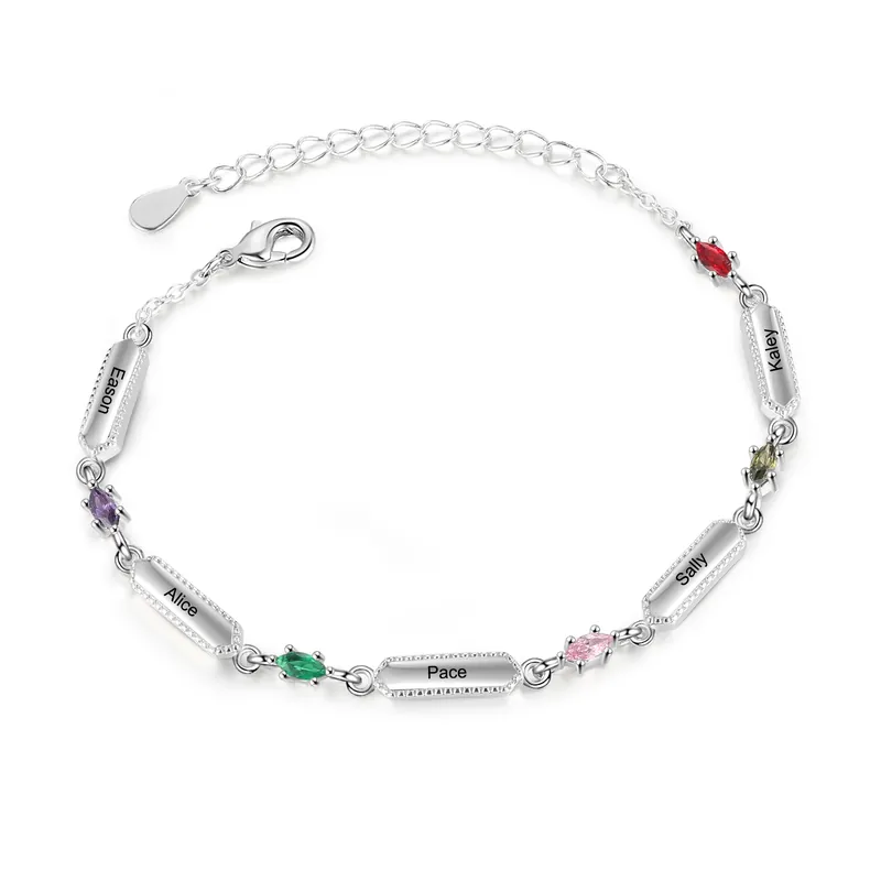 Bracelet 5 Prénoms Personnalisé avec 5 Pierres de Naissance Top Vente